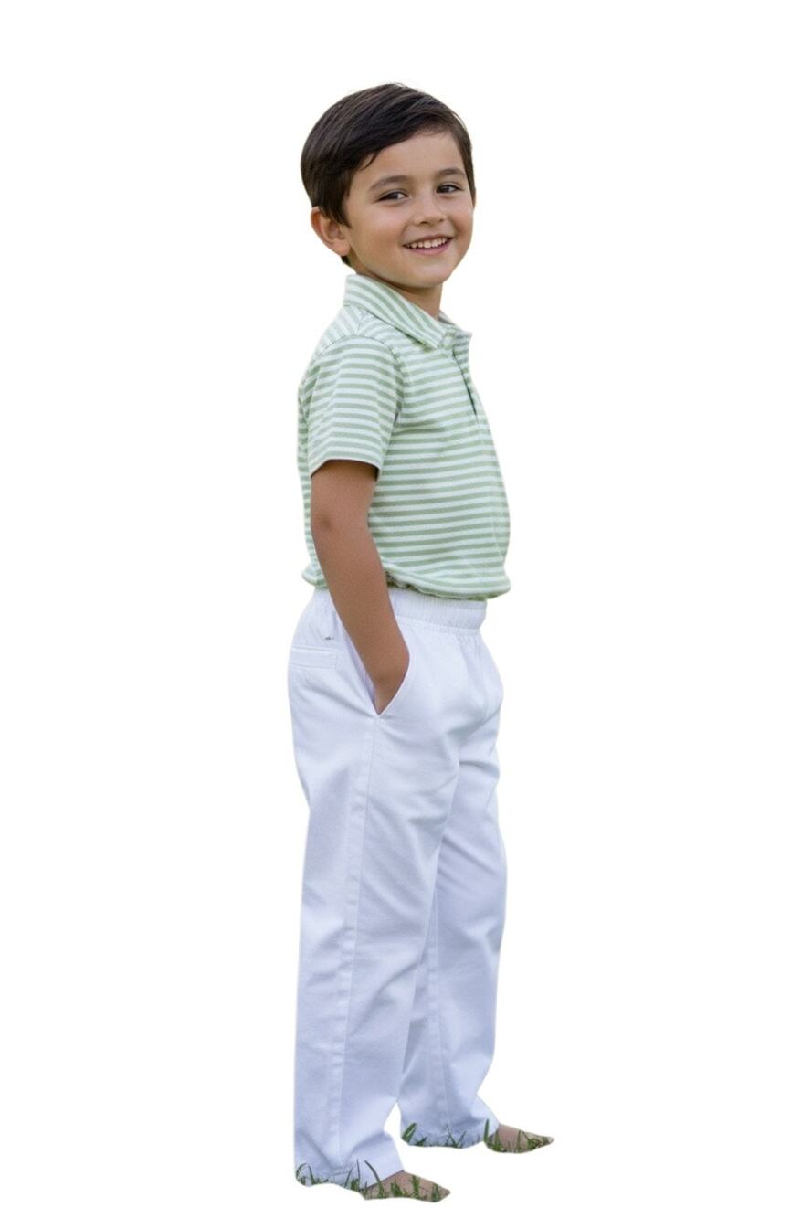 Edgehill Collection Boys' Sage Green White Stripe Polo Shirt White Pants Set 4T